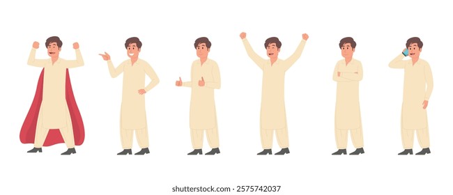 Pakistan traditional dress shalwar and kameez, Character set Different poses and emotions vector illustration