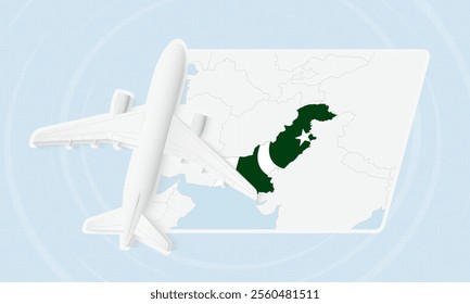 Pakistan Travel Illustration with Plane and National Flag. Ideal for travel agencies, promotional materials, or geographic content related to Pakistan.