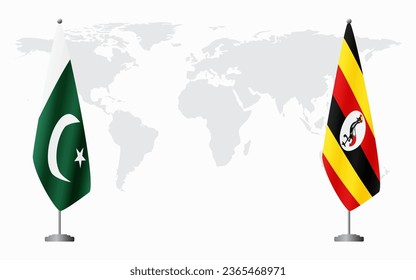 Pakistan and Uganda flags for official meeting against background of world map.