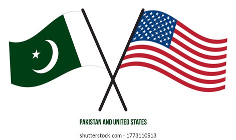 Pakistan and United States Flags Crossed And Waving Flat Style. Official Proportion. Correct Colors.
