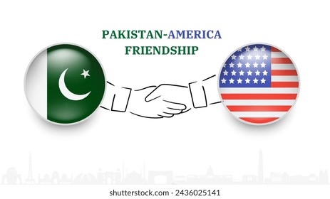 Pakistan AND USA flags in circle with shake hand. pakistan AND USA friendship. and Pakistan AND USA flags, isolated on white background. Vector icon set. Vector illustration.