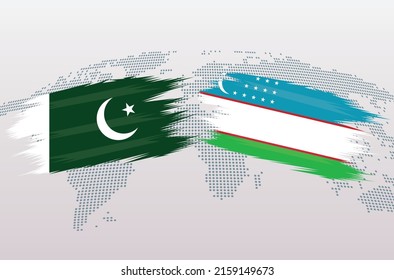 Pakistan and Uzbekistan flags. Pakistani and Uzbekistan flags, isolated on grey world map background. Vector illustration.