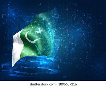 Pakistan, vector 3d flag on blue background with hud interfaces