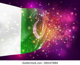 Pakistan, vector 3d flag on pink purple background with lighting and flares