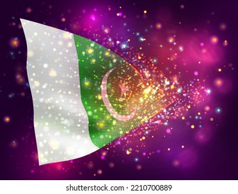 Pakistan, vector 3d flag on pink purple background with lighting and flares