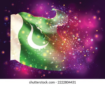 Pakistan, vector 3d flag on pink purple background with lighting and flares