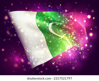 Pakistán, bandera vectorial 3d sobre fondo púrpura rosa con iluminación y bengalas