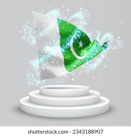 Pakistan, vector 3d flag on the podium surrounded by a whirlwind of magical radiance