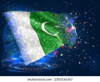 Pakistan, Vektorflagge, virtuelles abstraktes 3D-Objekt aus dreieckigen Polygonen auf blauem Hintergrund