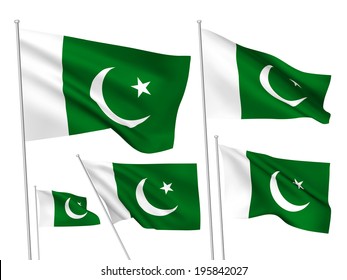 Pakistan vector flags set. 5 wavy 3D cloth pennants fluttering on the wind. EPS 8 created using gradient meshes isolated on white background. Five flagstaff design elements from world collection