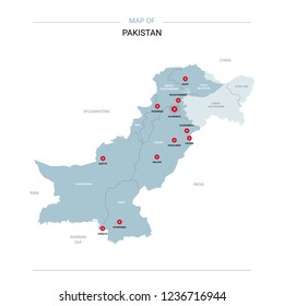 Pakistan vector map. Editable template with regions, cities, red pins and blue surface on white background. 