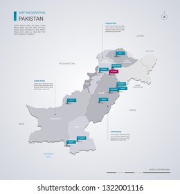 Pakistan vector map with infographic elements, pointer marks. Editable template with regions, cities and capital Islamabad. 