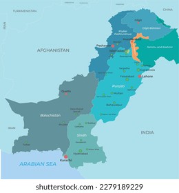 Mapa vectorial paquistaní con nombre de provincia y nombre de ciudad y color diferente.