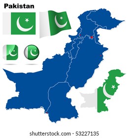 Juego de vectores de Pakistán. Forma detallada del país con bordes de área, banderas e iconos aislados en fondo blanco.
