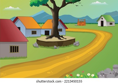 Pakistan village background illustration, village surrounded by mountains