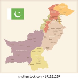 Pakistan vintage map and flag - vector illustration