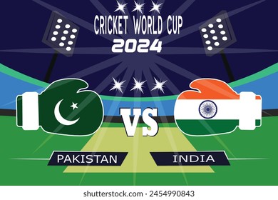  Pakistan vs India (PAK vs IND) international rivalry flags design outside boxing hand gloves . Vector for sports match template banner .ISOLATE  with cricket stadium ground,pitch 2024