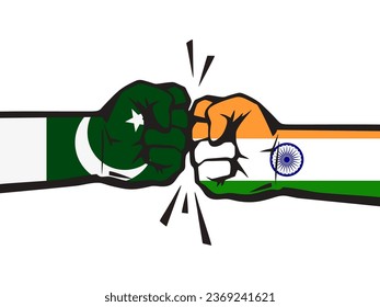 pakistán vs India. Dos manos se aferran a los puños y se encuentran unas frente a otras. Manos pintadas en los colores de las banderas de los países. 
