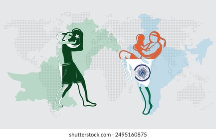 Pakistan vs India with world map and with both Countries Flags on fighter, Fist fight of Pak vs Ind both fighter fight each other