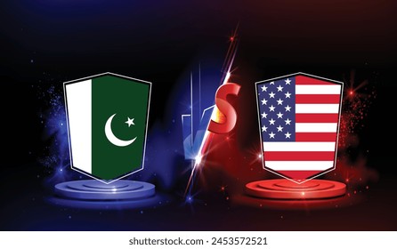 Pakistan vs United state International Cricket Match. Rival flags of both teams with badge shields. red and blue in the background. Editable EPS file.