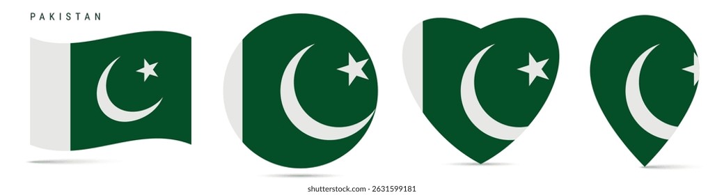 Pakistán ondeando bandera, insignia de la etiqueta engomada del círculo redondo, icono en forma de corazón, pin del mapa. Botones de banderas paquistaníes de diferentes Formas. Ilustración vectorial aislada en blanco.