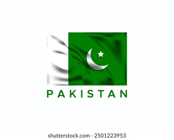 Pakistan wavy flag 3d realistic vector. National country flag of Pakistan in green and white color with moon and star for 14 august independence day celebration. Isolated on white background