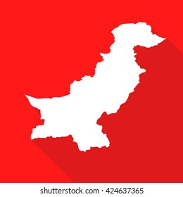 Pakistan white map,border flat simple style with long shadow on red background
