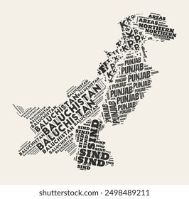 Pakistan Word Cloud. Country with regions division. Pakistan typographic text clouds vector image design. Vintage gazette style country shape image. Classy vector illustration.