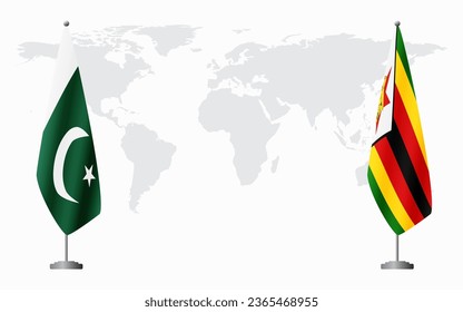 Pakistan and Zimbabwe flags for official meeting against background of world map.
