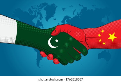 Pakistan-China relations. Handshake Pakistan and China. Good economic relations between Pakistan and China.