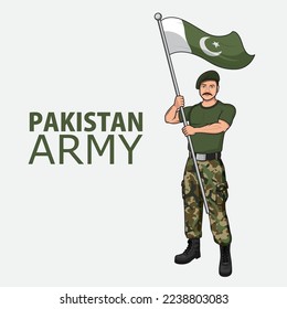 Pakistani Army soldier holding flag of Pakistan with pride vector illustration