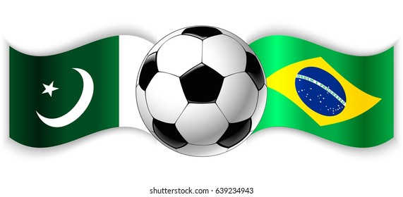 Pakistani and Brazilian wavy flags with football ball. Pakistan combined with Brazil isolated on white. Football match or international sport competition concept.