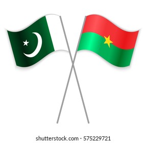 Pakistani and Burkinabe crossed flags. Pakistan combined with Burkina Faso isolated on white. Language learning, international business or travel concept.