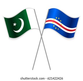 Pakistani and Cabo Verdean crossed flags. Pakistan combined with Cabo Verde isolated on white. Language learning, international business or travel concept.