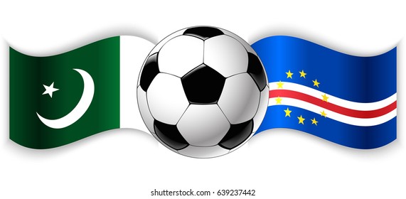 Pakistani and Cabo Verdean wavy flags with football ball. Pakistan combined with Cape Verde isolated on white. Football match or international sport competition concept.