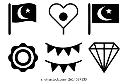  "Pakistani Celebration Icons with Flag, Heart, Garland, Badge and Diamond Symbols"