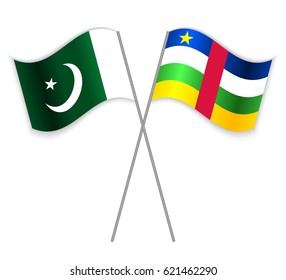 Pakistani and Central African crossed flags. Pakistan combined with Central African Republic isolated on white. Language learning, international business or travel concept.