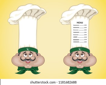 Pakistani chef and menu on hat with food of Pakistan. All the objects are in different layers and the menü text types do not need any font. 