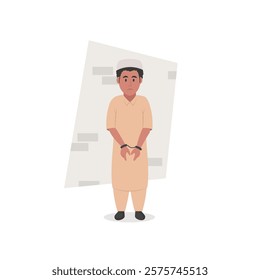 Pakistani criminal prisoner in handcuffs. Vector illustration