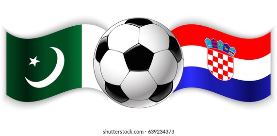 Pakistani and Croatian wavy flags with football ball. Pakistan combined with Croatia isolated on white. Football match or international sport competition concept.