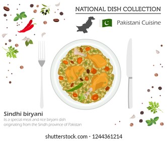 Pakistani Cuisine. Asian national dish collection. Meat and rice isolated on white, infograpic. Vector illustration