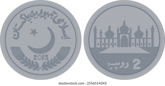 Pakistani Currency coins, PKR coins , Coins, 2 rupees coins , on white background 2 rupee old and new coin. highlighting its unique design and engravings that reflect the cultural and historical.