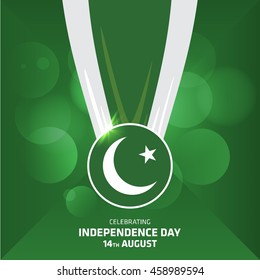 Pakistani Day Medal with Flag on abstract glowing background. Pak Wallpaper. New Pakistani Freedom Day 2016. Vector 14 August Pakistan Independence Day. Celebration Card. Illustration