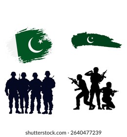 Pakistani flag with Pakistani Army icon set showcasing national pride and military strength. Includes flags, soldiers, badges, and weapons in vector style—perfect for patriotic and defense-themed desi