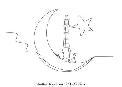 The Pakistani flag has a symbol of the moon and stars. Pakistan day one-line drawing