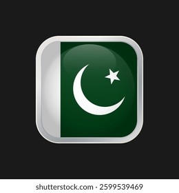 Pakistani flag icon isolated on black background. The national flag of Pakistan. Square vector icon with rounded corners and silver borders