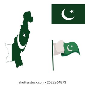 Bandeira paquistanesa e mapa ilustração vetorial sobre fundo branco.