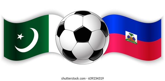 Pakistani and Haitian wavy flags with football ball. Pakistan combined with Haiti isolated on white. Football match or international sport competition concept.