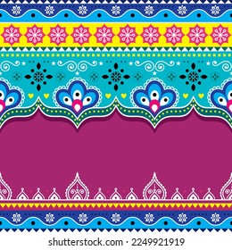 Pakistani and Indian seamless template vector pattern with  flowers and empty space for text, Diwali decoration. Unique repetitive background in purple, pink and green inspired by lorry art