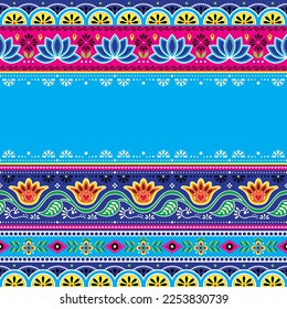 Pakistani and Indian seamless template vector pattern with space for text, flowers and geometric shapes, Diwali festive textile or wallpaper decor. Retro background in blue,  pink and green i